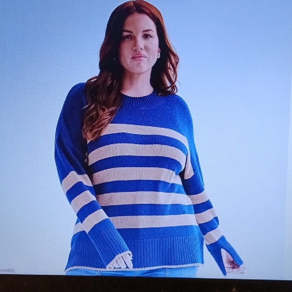 Blue and Cream Crew Neck Striped Sweater